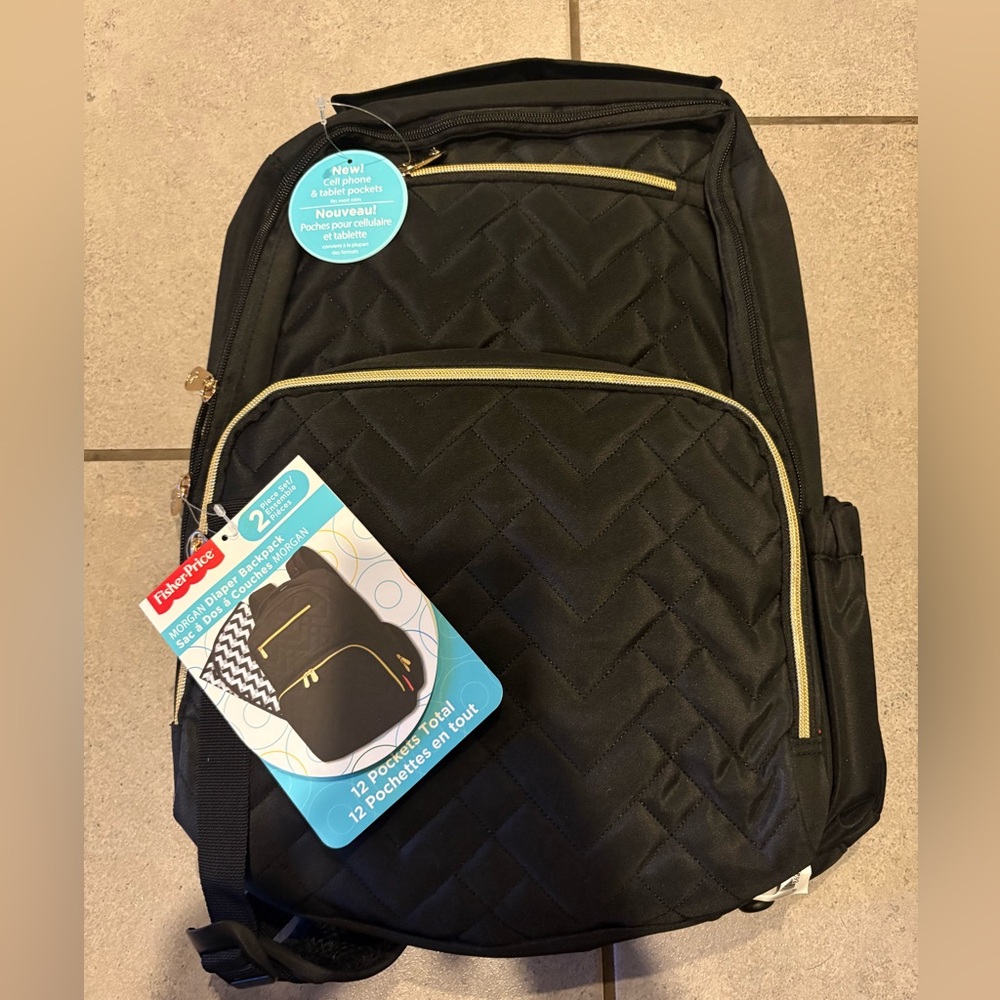 NWT Fisher-Price Morgan Quilted Diaper Backpack 2-Piece Set Black Gold